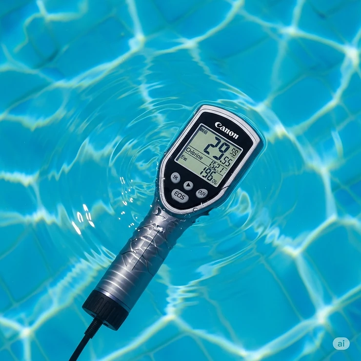 An electronic pool water tester submerged in clear blue pool water, actively measuring chlorine and other essential chemical levels for optimal pool health.