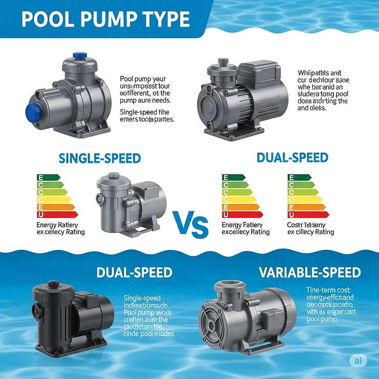 An infographic illustrating various pool pump types, including single-speed, dual-speed, and variable-speed models, to help identify the best pool pump for different needs and budgets.
