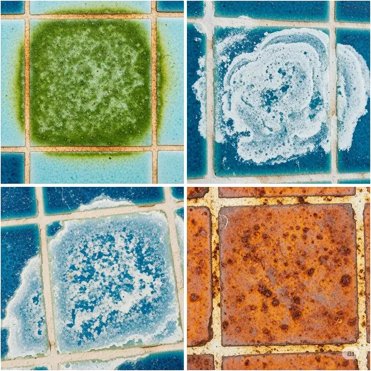 Detailed close-ups of common swimming pool tile stains including green algae, white calcium deposits, and reddish rust, which a good swimming pool tile cleaner can remove.