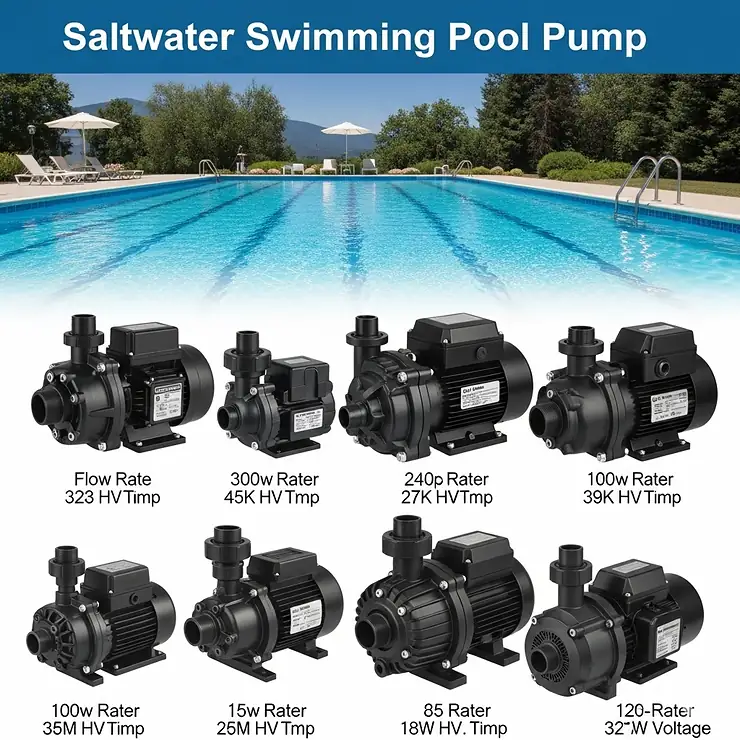 Variety of salt water swimming pool pumps, showcasing different sizes and models suitable for various pool capacities.