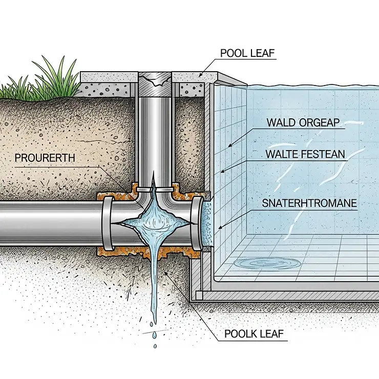 Cross-section view illustrating a damaged underground pipe, a potential source of a pool leak.