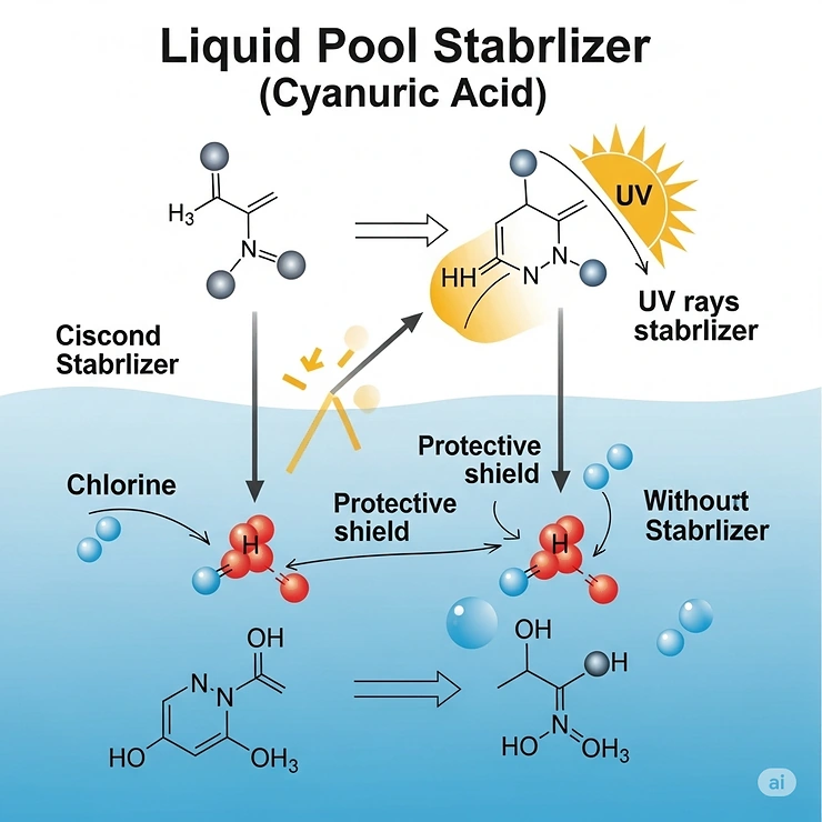 Diagram illustrating how liquid pool stabilizer shields chlorine from harmful UV radiation, preventing loss.