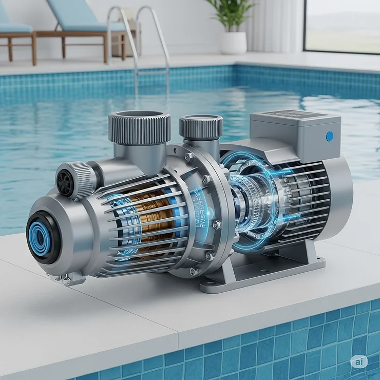 Energy-efficient variable speed salt water pump designed for quiet operation and reduced electricity consumption in swimming pools.