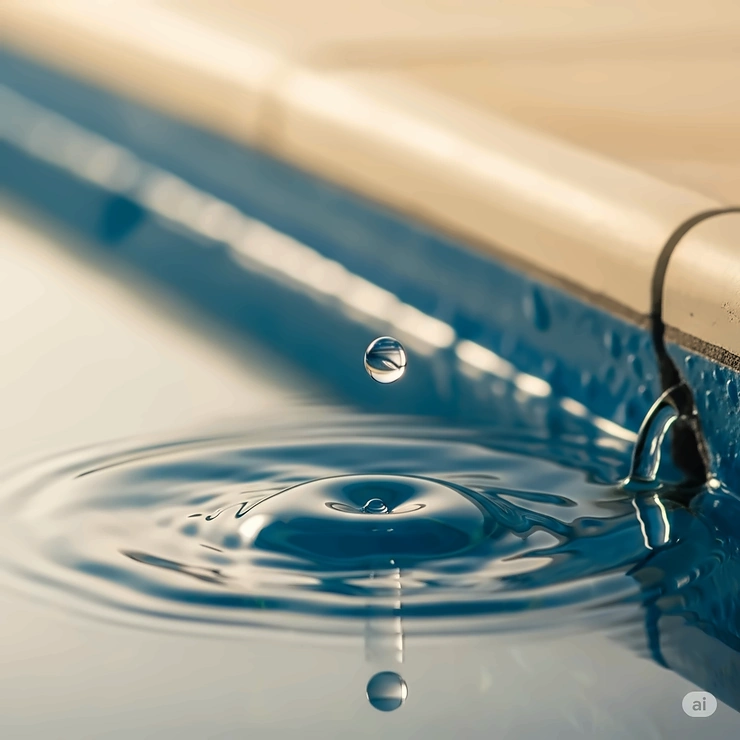 Close-up of a single water droplet falling, symbolizing a small pool leak.