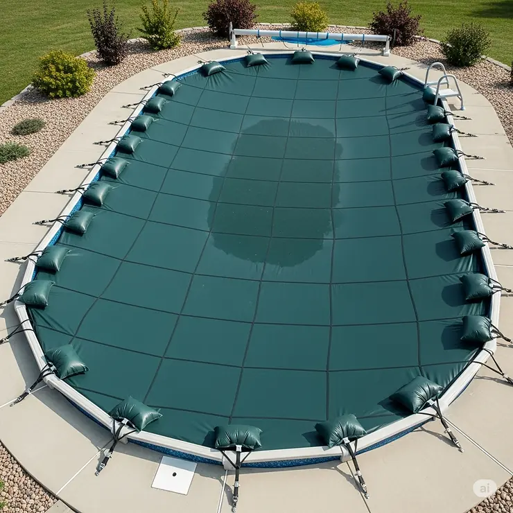 A heavy-duty, dark green winter cover properly secured with water bags around an oval above-ground pool, essential for protecting the pool during off-season and a highly recommended above ground pool cover.