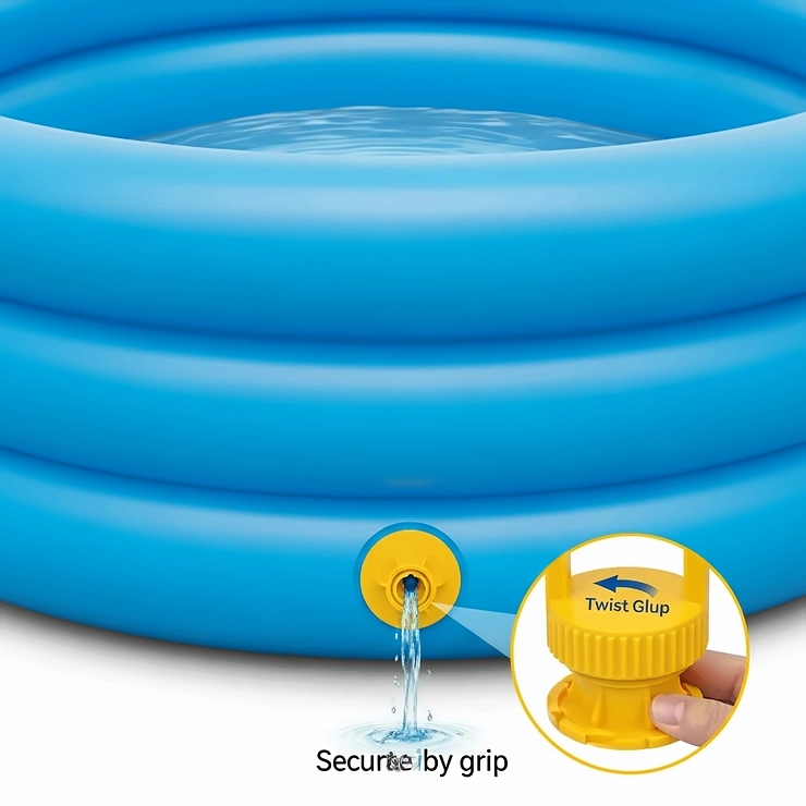 A close-up illustration of the easy-to-use drain plug located at the bottom of the 3-ring inflatable pool for quick and efficient water removal.