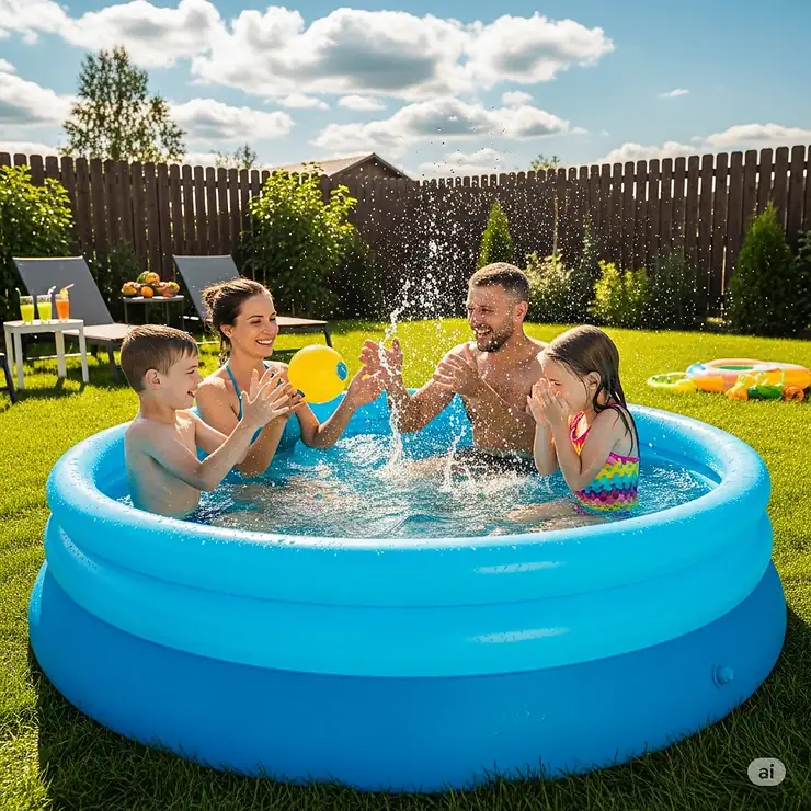 A family enjoying a sunny day splashing in a durable, blue 3-ring inflatable pool in their backyard, perfect for summer fun.