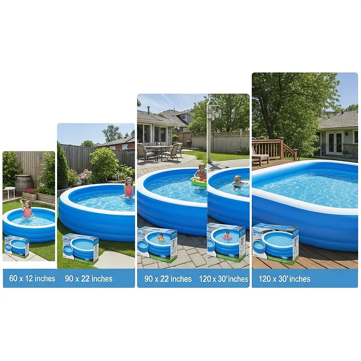 A visual comparison of a variety of sizes available for the popular 3-ring inflatable pool, suitable for different backyards and family needs.