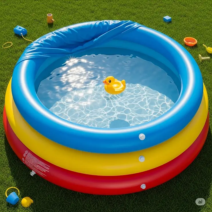A detailed top-down view highlighting the three distinct inflatable rings of the pool, showing its layered construction and wide design.