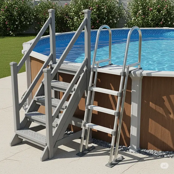 An image depicting a sturdy and secure ladder and stair combination for an above-ground swimming pool, ensuring safe access.