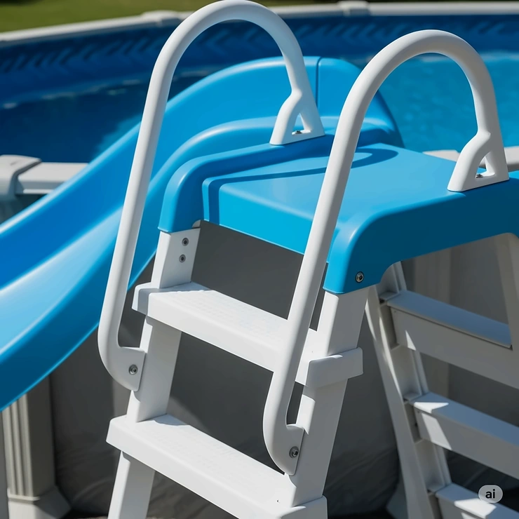 A close-up view of an above-ground pool slide, showing its secure ladder and handrails for safe entry.
