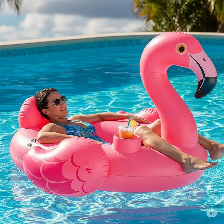 An adult relaxing in a large, durable flamingo inflatable pool with a built-in cup holder.