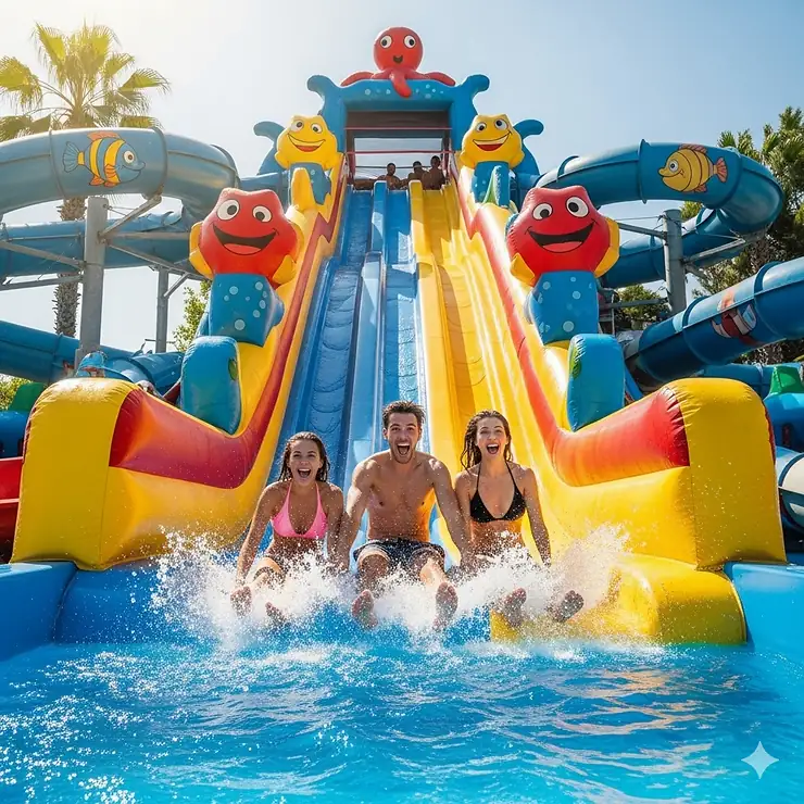 Three friends laughing as they slide down a massive inflatable pool slide into the water.