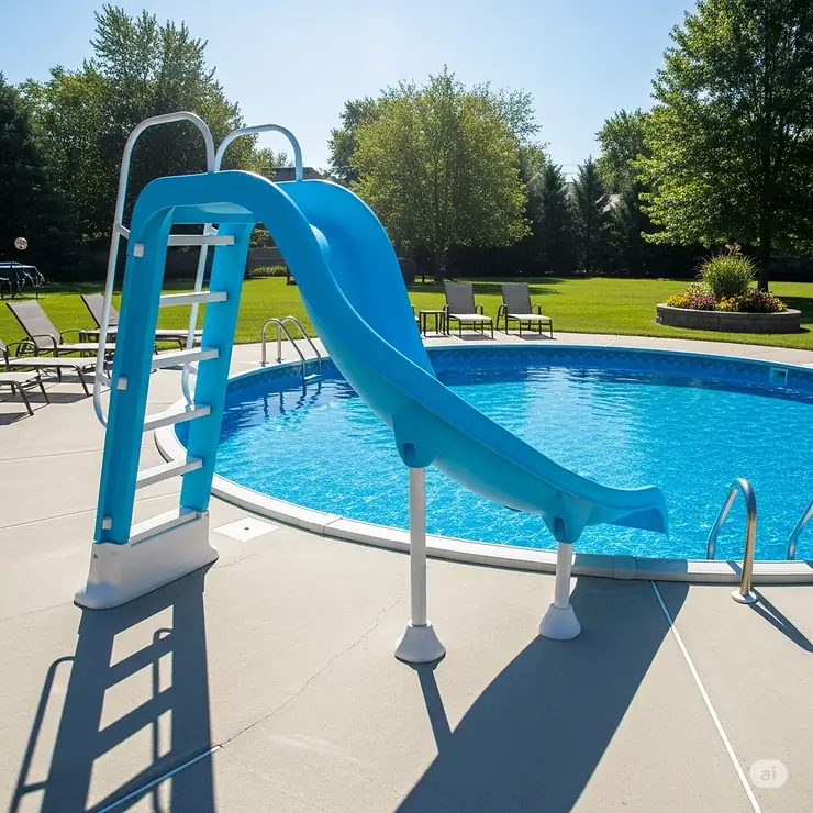 A blue and white above-ground pool slide positioned next to a large circular pool in a sunny backyard.