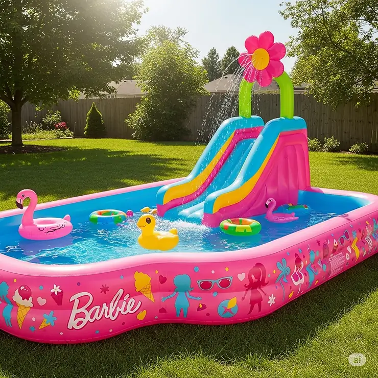 A colorful Barbie-themed inflatable pool with a slide and sprinkler, shown in a sunny backyard ready for a summer pool party.