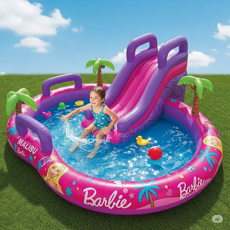 A child playing in a large pink and purple Barbie inflatable pool that features a built-in water slide.
