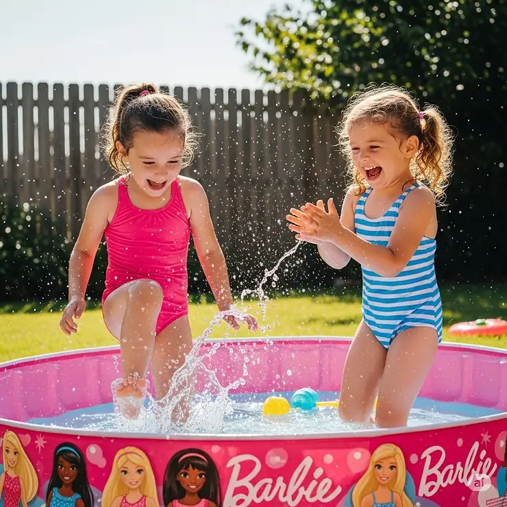 Two young girls laughing and splashing in a Barbie inflatable swimming pool during a backyard play date on a hot day.