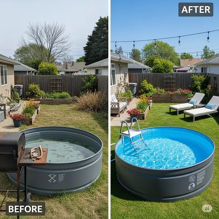A visual comparison of a plain backyard before and a transformed backyard after installing a stylish plastic stock tank pool.
