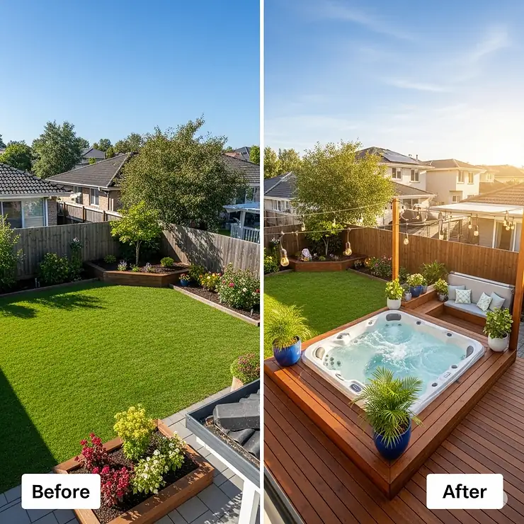 A before and after photo showcasing the transformation of a backyard with the addition of a luxurious jacuzzi deck.