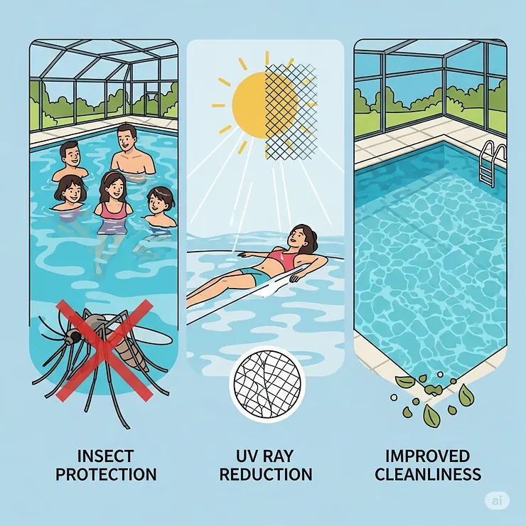 A graphic illustrating the key benefits of a pool screen enclosure, such as insect protection, UV ray reduction, and improved cleanliness.