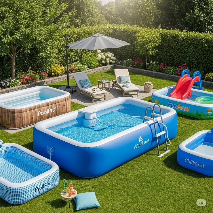A vibrant, clean backyard featuring a large, blue inflatable pool and stylish lounge chairs, showcasing the best inflatable pools by brand and style.