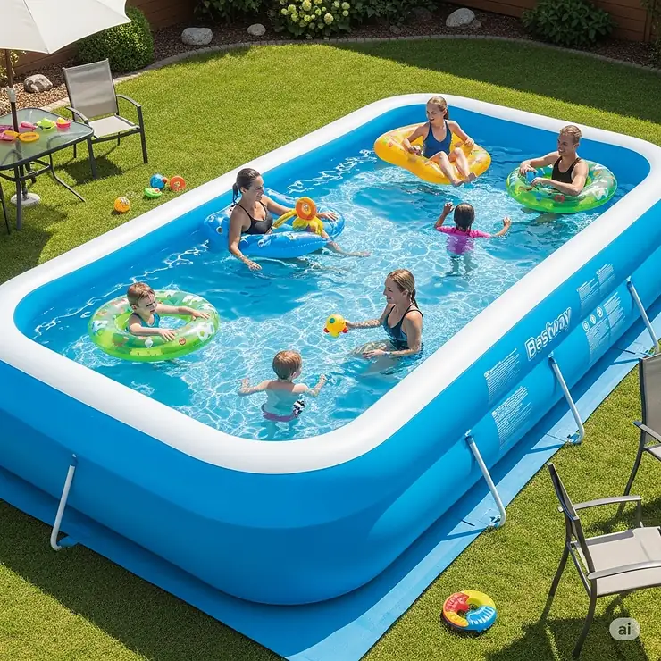 A spacious rectangular Bestway family inflatable pool, providing ample room for adults and kids to swim and relax.