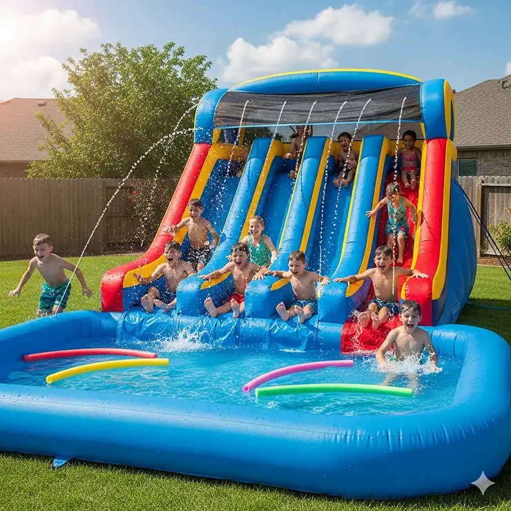 Kids laughing and splashing on a multi-lane big inflatable pool slide in a backyard.