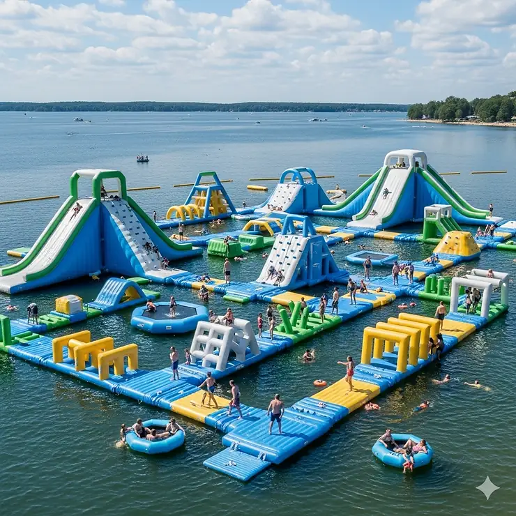 A massive inflatable water park with multiple slides, climbing walls, and splash pools.