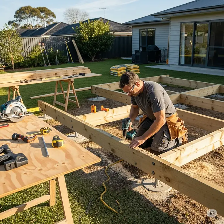 A professional builder constructing the foundational frame of a jacuzzi deck.