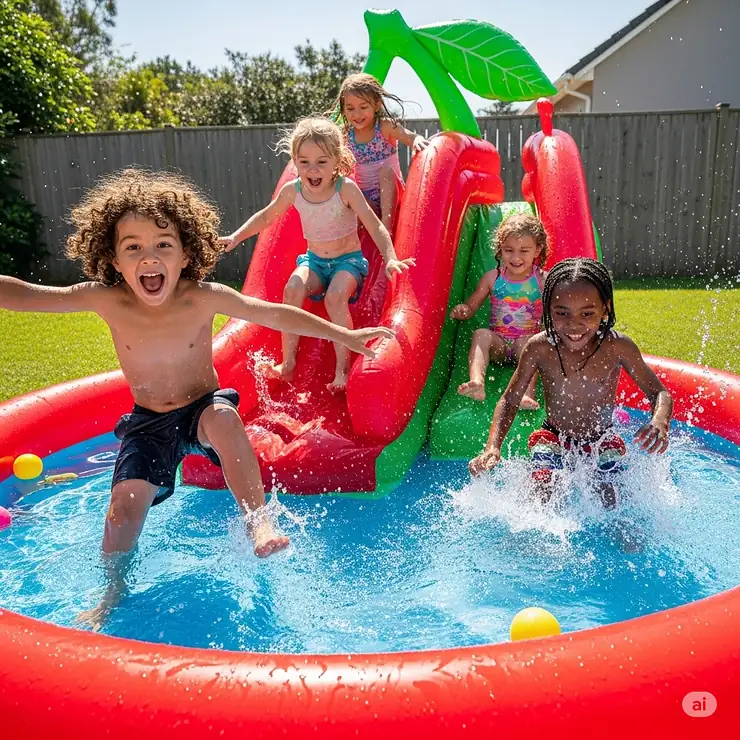 Kids laugh as they slide into a cherry inflatable pool with a built-in slide.