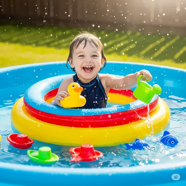 A happy child laughing and playing with water toys inside a colorful 3-ring inflatable pool, demonstrating its use for kids.