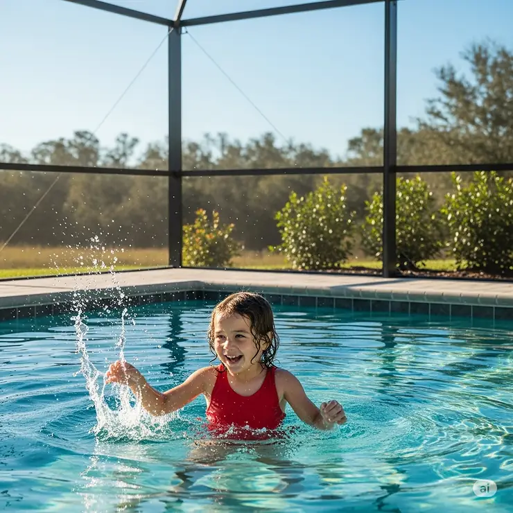 A child enjoys playing in the water, safely enclosed within a durable swimming pool screen enclosure that offers protection and peace of mind.
