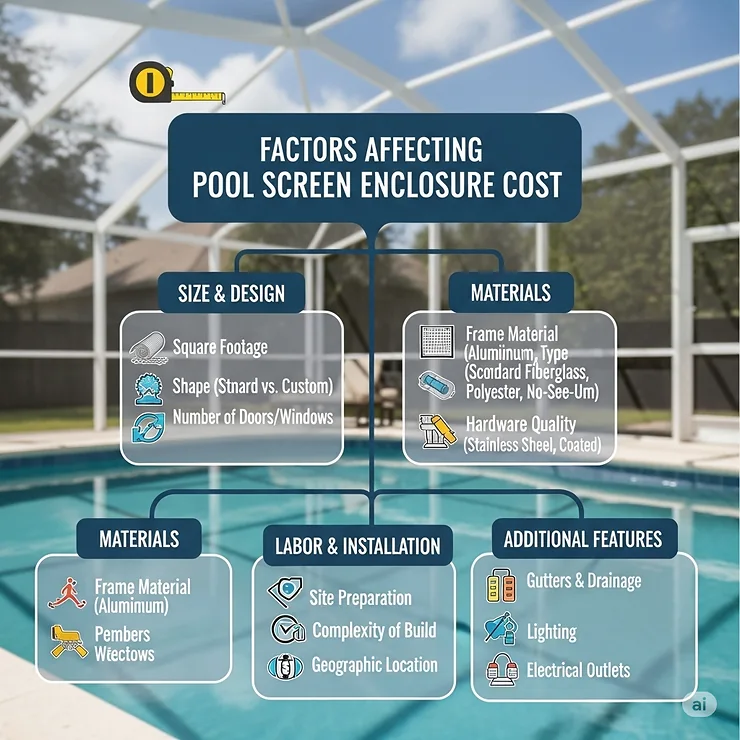 A chart or diagram explaining the factors that influence the cost of a new pool screen enclosure, such as size and materials.