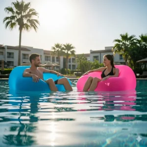 A couple is relaxing on separate inflatable pool chairs, talking and enjoying the sun.