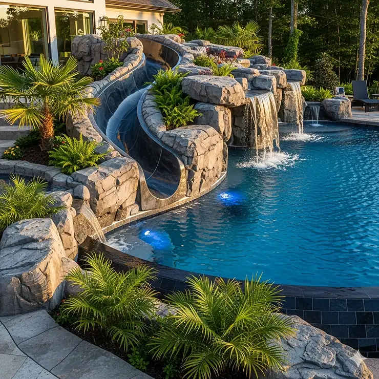 A custom-designed swimming pool slide built seamlessly into the rockwork of a luxury inground pool.