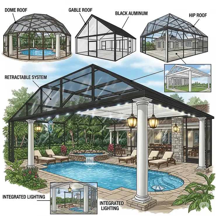An illustration of a custom pool screen enclosure design, highlighting the various architectural options available to homeowners.