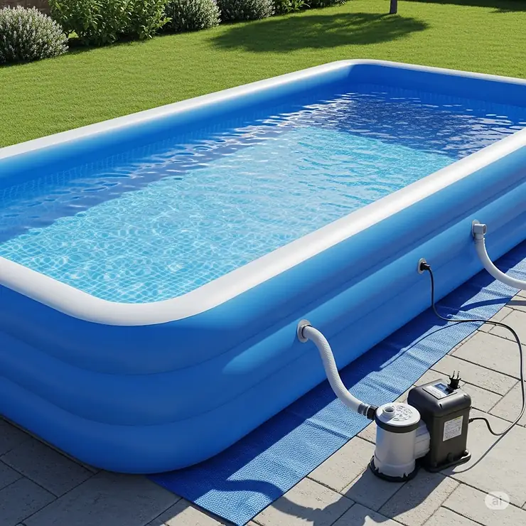 A deep inflatable swimming pool, showing the included high-capacity electric pump used for quick and easy setup.