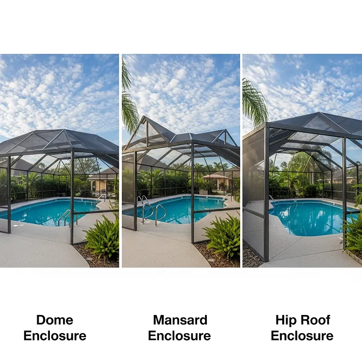 A visual guide showcasing different types of pool screen enclosures, including dome, mansard, and hip roof styles.