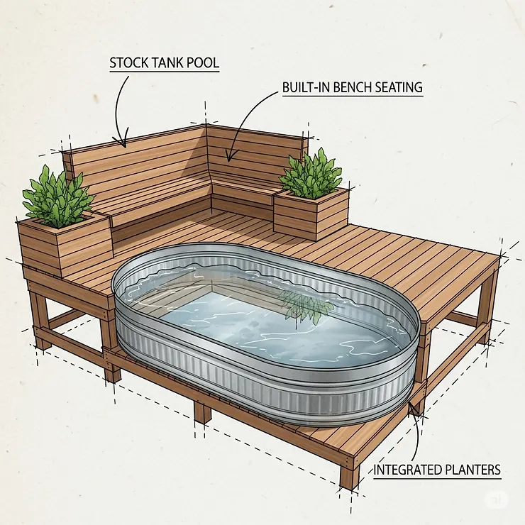 A conceptual drawing of a DIY project where a large stock tank pool is integrated into a custom-built deck with built-in bench seating, maximizing space and comfort.