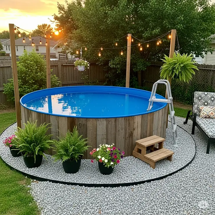 Creative ideas for decorating a plastic stock tank pool, such as surrounding it with gravel, adding string lights, or building a wooden frame.