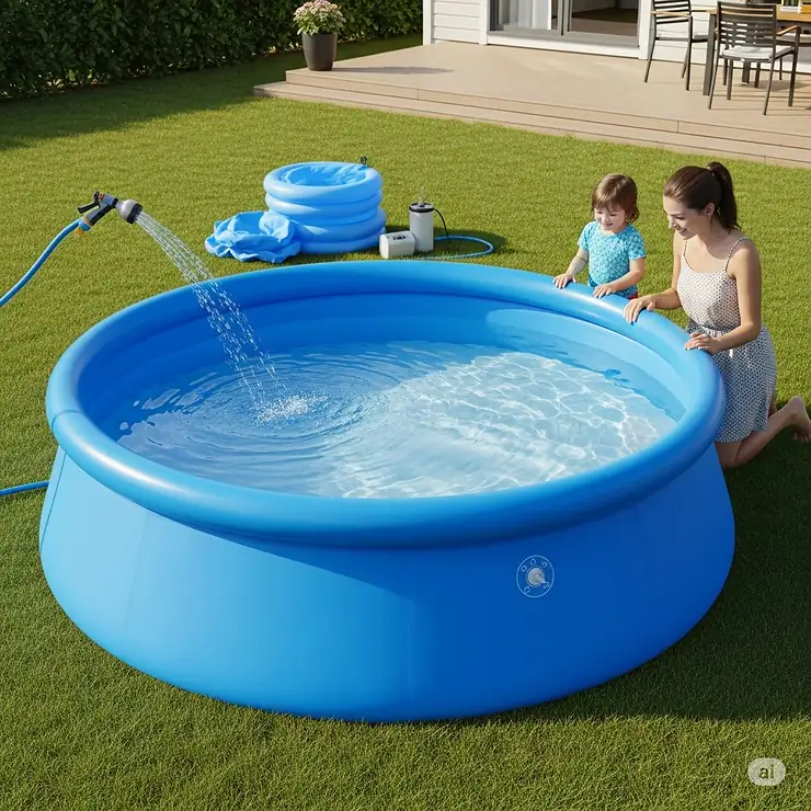 A quick-set inflatable pool ready for water, demonstrating the simple and fast setup process for busy families.
