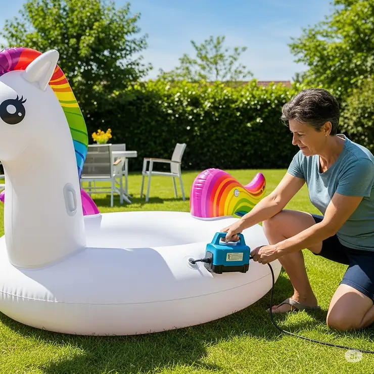 An adult using an electric pump to quickly and easily inflate the unicorn pool, demonstrating its simple setup process.