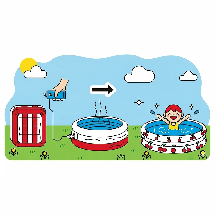 A simple, graphic image demonstrating the quick and easy setup of a cherry inflatable pool.