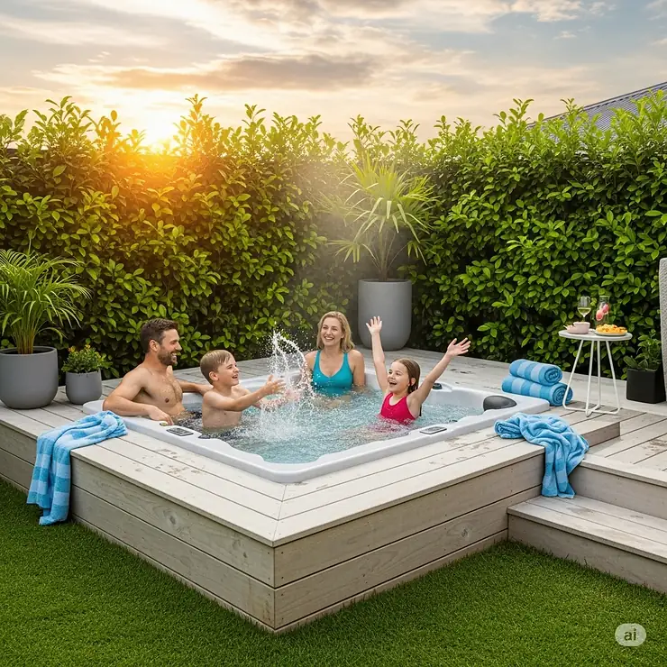 A family relaxing and having fun in a newly installed jacuzzi deck.