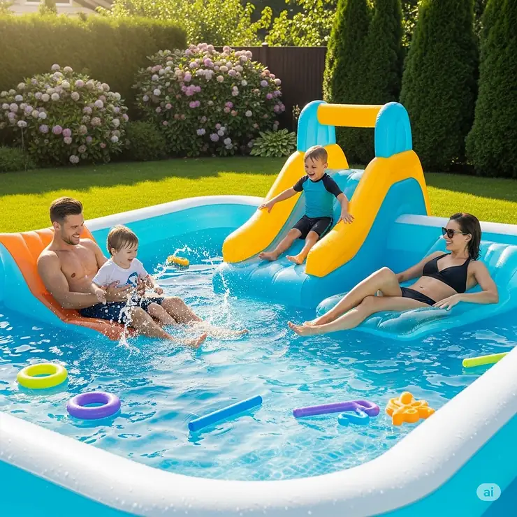 A family relaxing and enjoying a summer day in their giant inflatable pool with a slide.