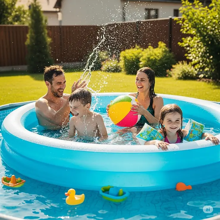 A smiling family of four relaxing and cooling off together in a large 3-ring inflatable pool, perfect for creating lasting summer memories.