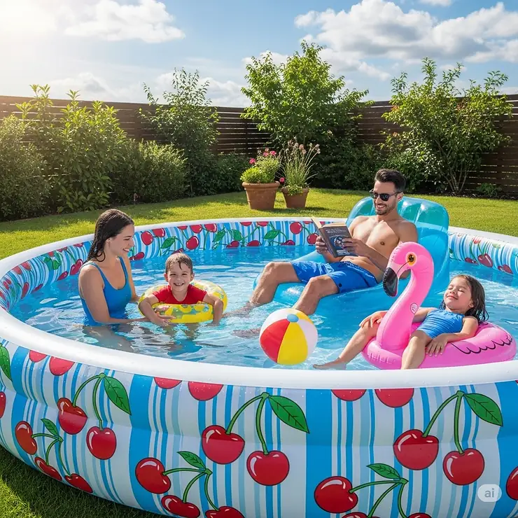 A family relaxes together in a spacious inflatable pool featuring a playful cherry print.
