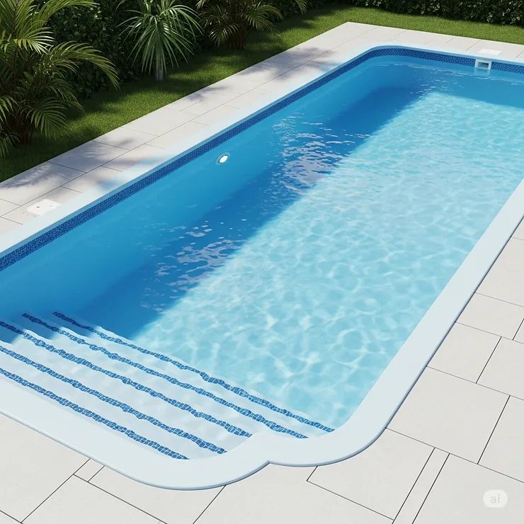An illustration of a fiberglass swimming pool with built-in, non-slip stairs, showing a safe and seamless design.