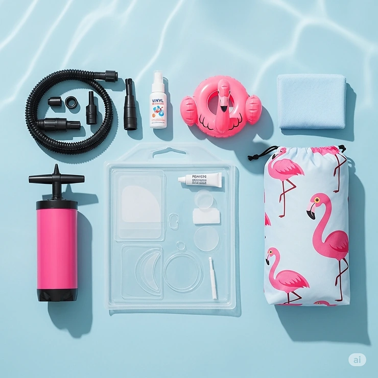 Various accessories for a flamingo inflatable pool, including a repair patch kit, air pump, and storage bag.