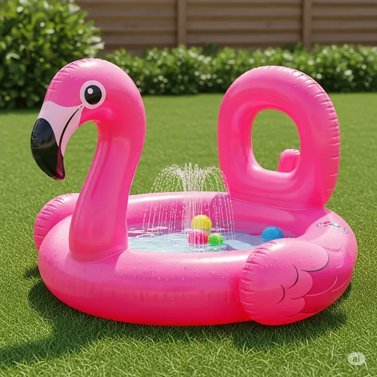 A small flamingo inflatable pool designed specifically for kids, featuring a built-in sprinkler.